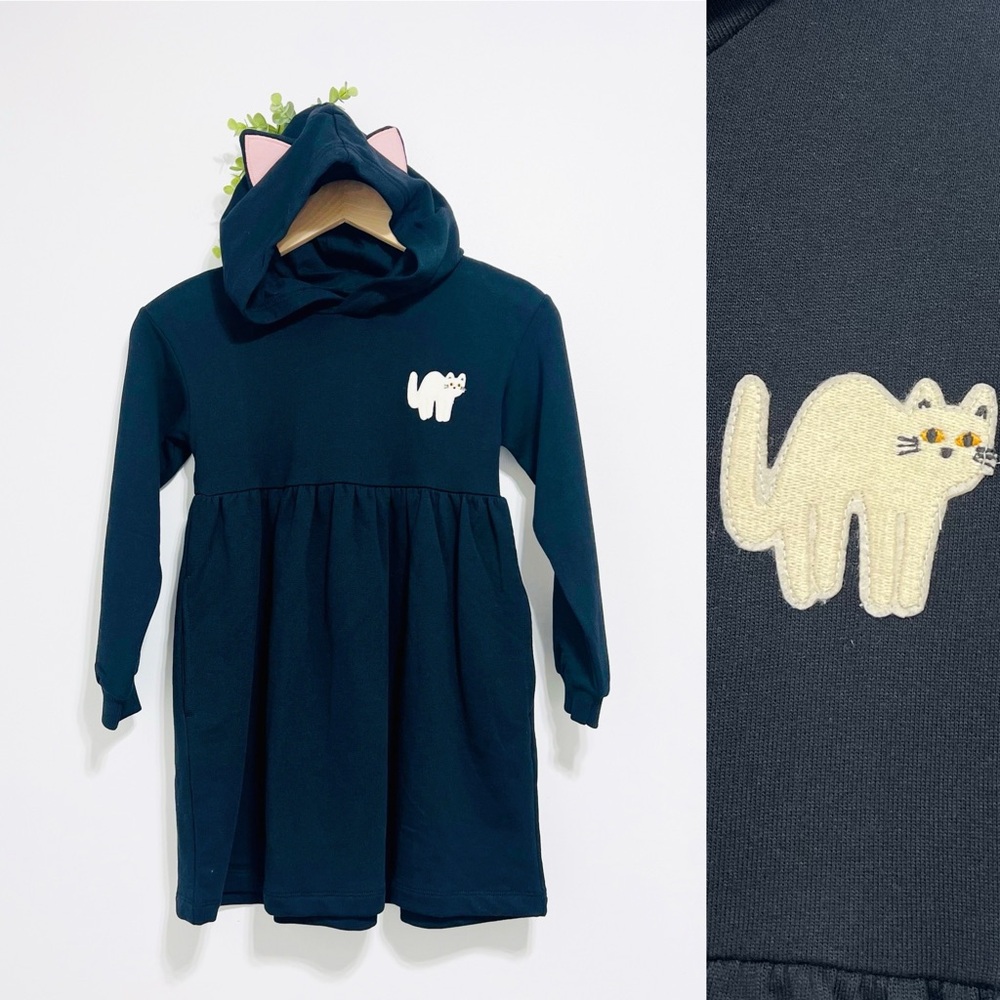 Hanna Anderson NWOT Black Long Sleeve French Terry Cat Dress